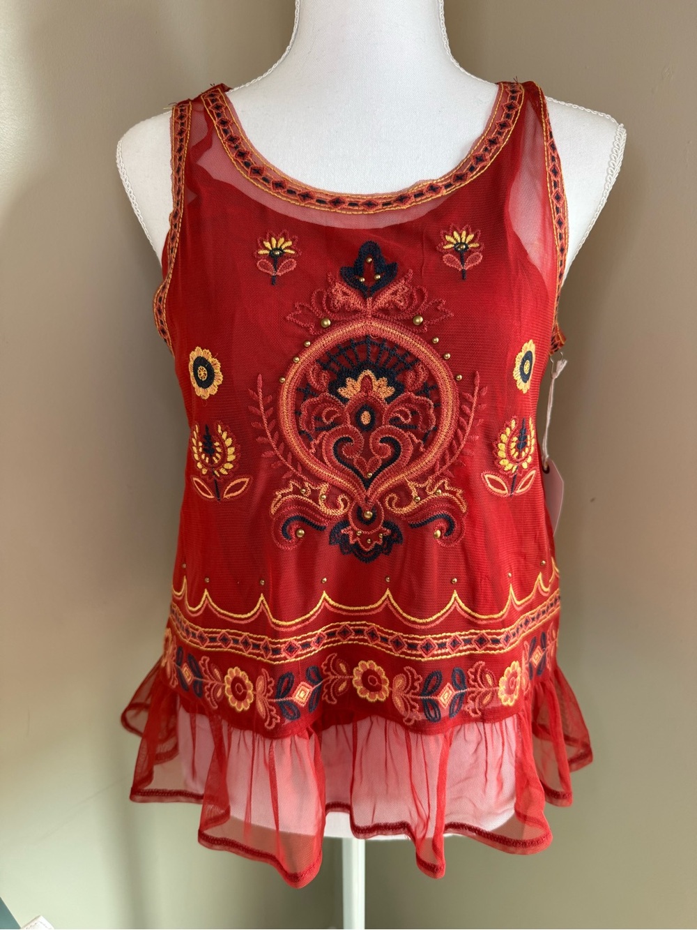 Coco + Jaimeson Red Embroidered Mesh Tank Top - Size Small (NWT)